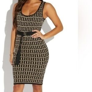 Pretty Knit (Size L) Black & Tan Monogram Print Tank Sleeve Belted Knit Dress